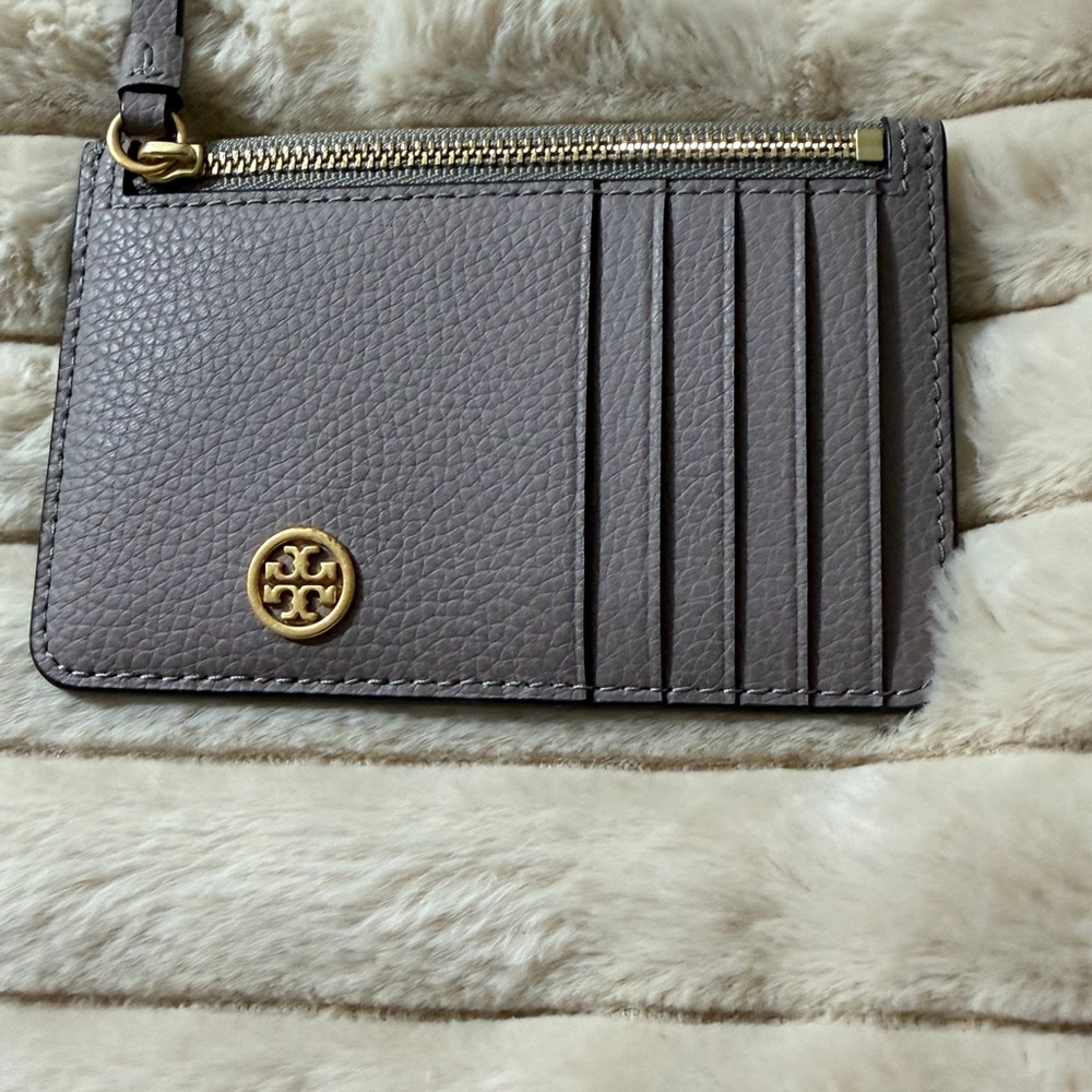 Tory Burch Taupe Leather Card Holder with Gold Accent